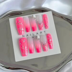 NAILA Pink Ombre Glitter Press-On Nails with Rhinestones